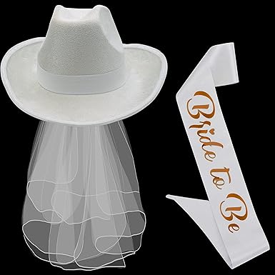 4E's Novelty Bride Cowgirl Hat with Veil & Bachelorette Sash - White Cowboy Hat for Bachelorette Party