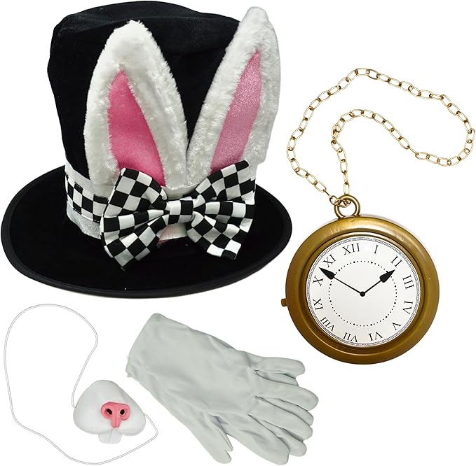 4E's Novelty Wonderland Bunny Costume Accessories – Top Hat, Rabbit Ears, Gloves & Clock