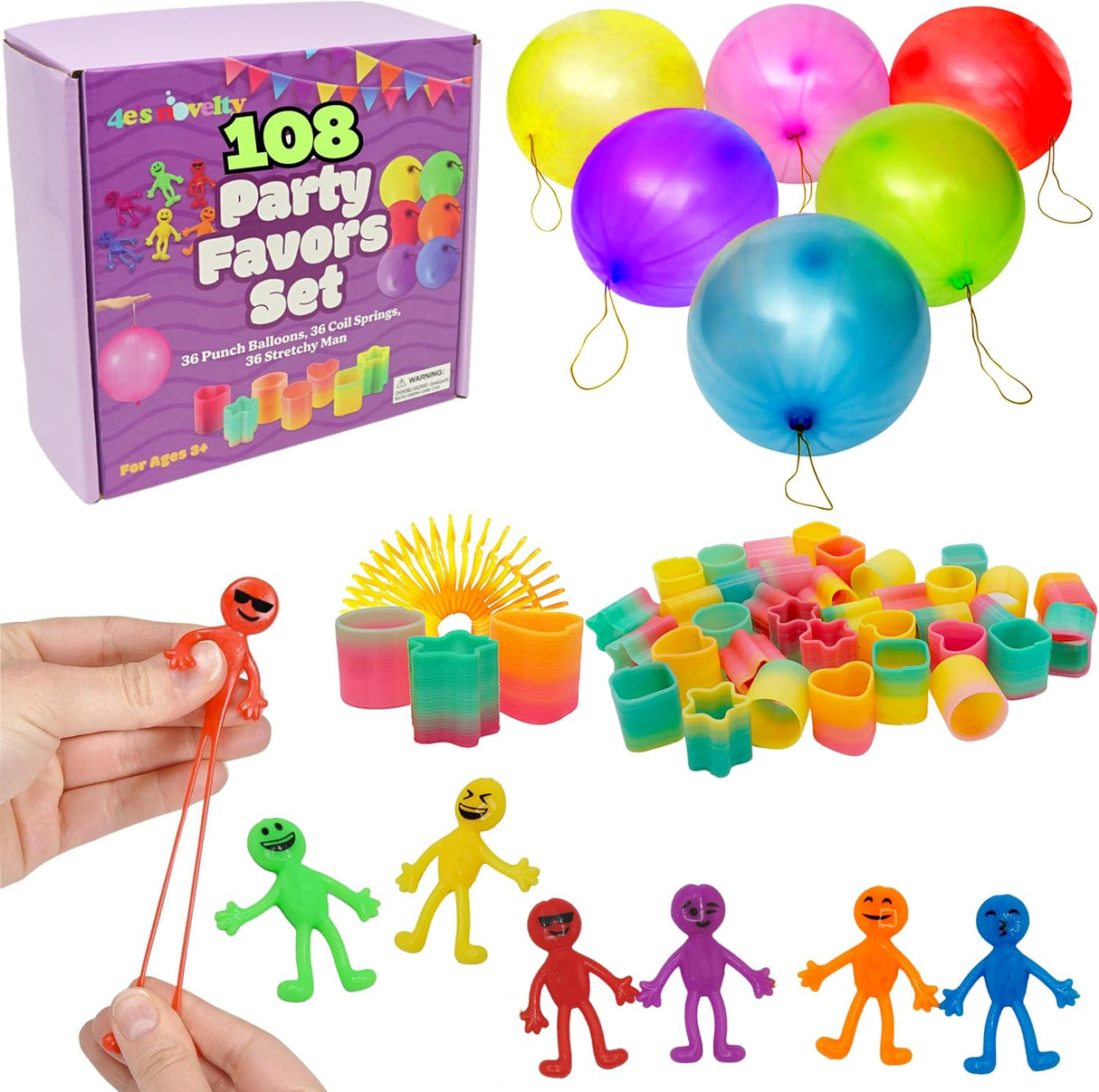 4E’s Novelty 108 Pcs Party Favors for Kids 8-12 – Punch Balloons, Coil Springs, Stretchy Men, Bulk Set