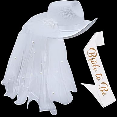 Bride Cowgirl Hat with Veil & Sash - Women White Cowboy Hat Bachelorette Party, Bridal Shower Dress Up by 4E's Novelty