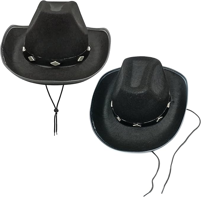 4E's Novelty Kids Black Cowboy Hats - 2 Pack - Fits Boys & Girls Ages 5-12 Yrs, Felt with Buckle Belt, Child Size Cowgirl Western Costume Accessories, Party Dress Up