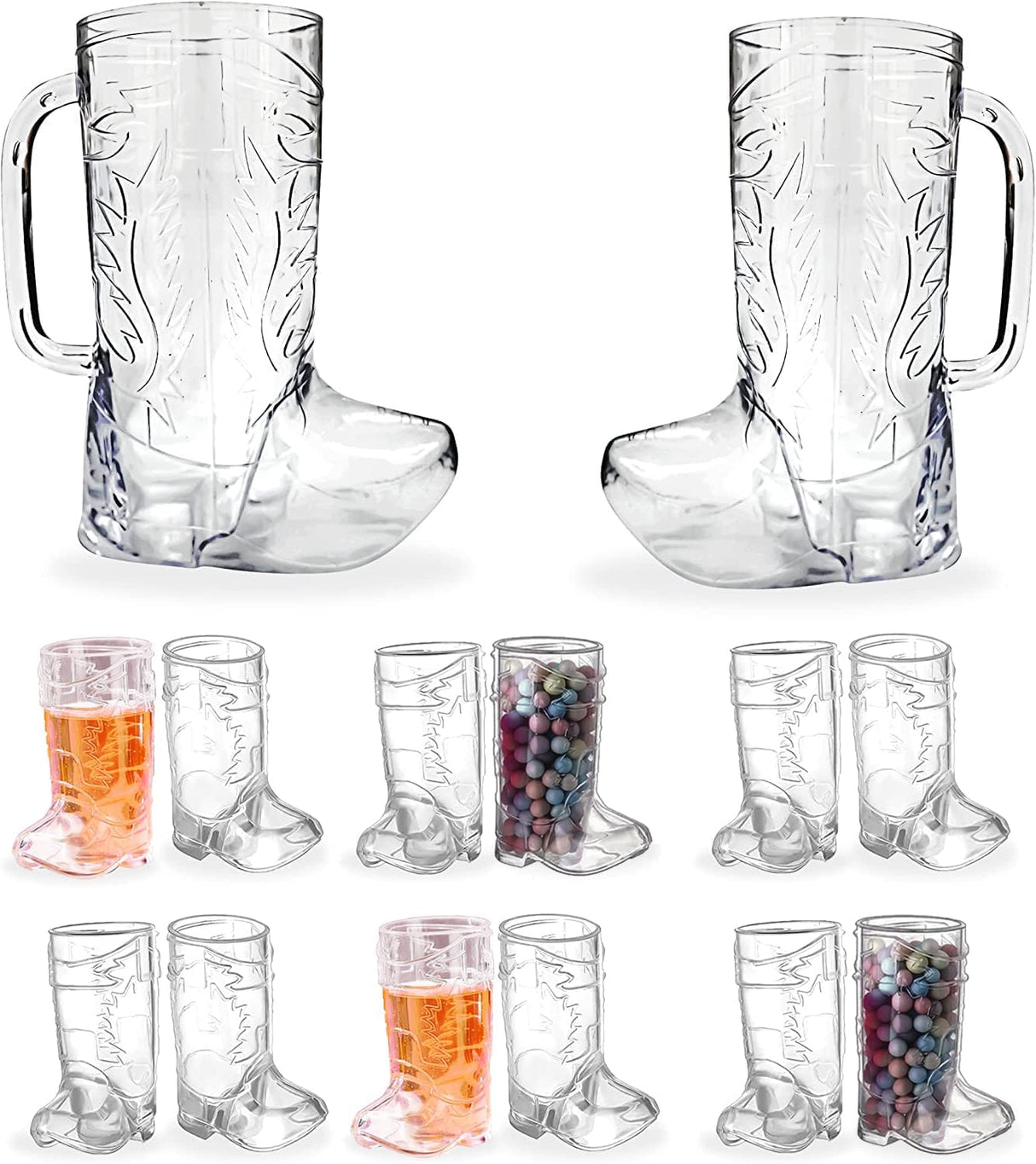 14-Piece Cowboy Boot Shot Glasses Set - 12 Minis & 2 Big Mugs, BPA-Free