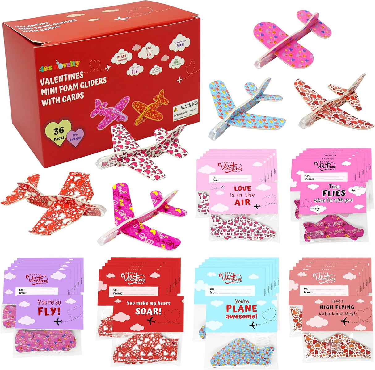 4E's Novelty 36-Pack Valentine Cards with Foam Airplanes – Fun Classroom Exchange Party Favors