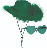 4E's Novelty Green Cowboy Hat with Feather and Heart Shaped Sunglasses, Cowgirl Hat for Women, Western Party Dress Up Fashion Accessories for Adults