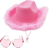 Pink Cowgirl Hat with Feathers & Heart Sunglasses Set for Women & Girls