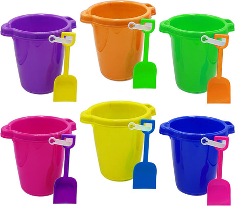 4E's Novelty 6 Pack Sand Buckets and Shovels for Kids - 7.5 Inch Large Beach Bucket Sand Toys for Toddlers & Kids, Beach Party Favors