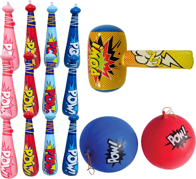 25 Pc Set Pow Inflatable Baseball Bats (12) With Superhero Punch Balloons (12) & Huge 30" Bopper Inflate (1) Superhero Birthday Party Favors for Kids, Party Supplies by 4E's Novelty