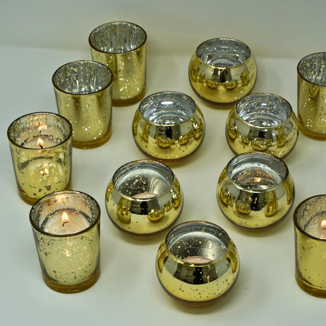 24pcs Assorted Gold Votive Candle Holders, Mercury Glass Tealight Candle Holder Bulk, Gold Wedding Centerpieces for Tables, Home Fall Table Decorations by 4E's Novelty