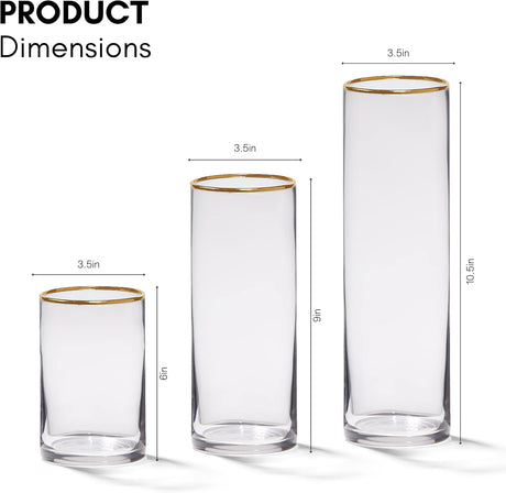 4E's Novelty Set of 3 Glass Cylinder Vases with Gold Rim – Elegant Centerpieces & Candle Holders