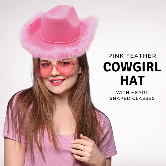 Pink Cowgirl Hat with Feathers & Heart Sunglasses Set for Women & Girls