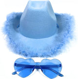 Cowgirl Hat with Feathers & Heart Sunglasses - Felt, Women's Party Accessory