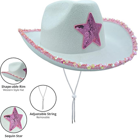 4E's Novelty White Cowgirl Hat with Pink Star, Brim Sequins and Light Pink Heart Sunglasses - Sparkly Cowgirl Hat Perfect Cowgirl Costume for Girls