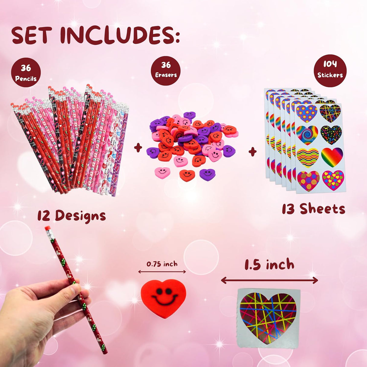 4E's Novelty 36-Pack Valentine’s Day Stationery – Pencils, Erasers & Stickers for Class Parties