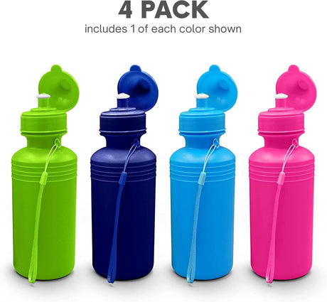 4E's Novelty 4 Pack Kids Water Bottles – 18oz BPA-Free, Reusable with Strap