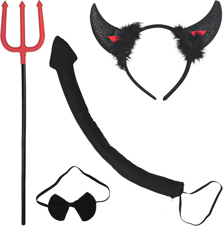 4 pcs Black Devil Costume Set - 1 pc Devil Horns Headband, 1 pc Devil Tail, 1 pc Devil Pitchfork, 1 pc Bowtie - Devil Accessory Kit