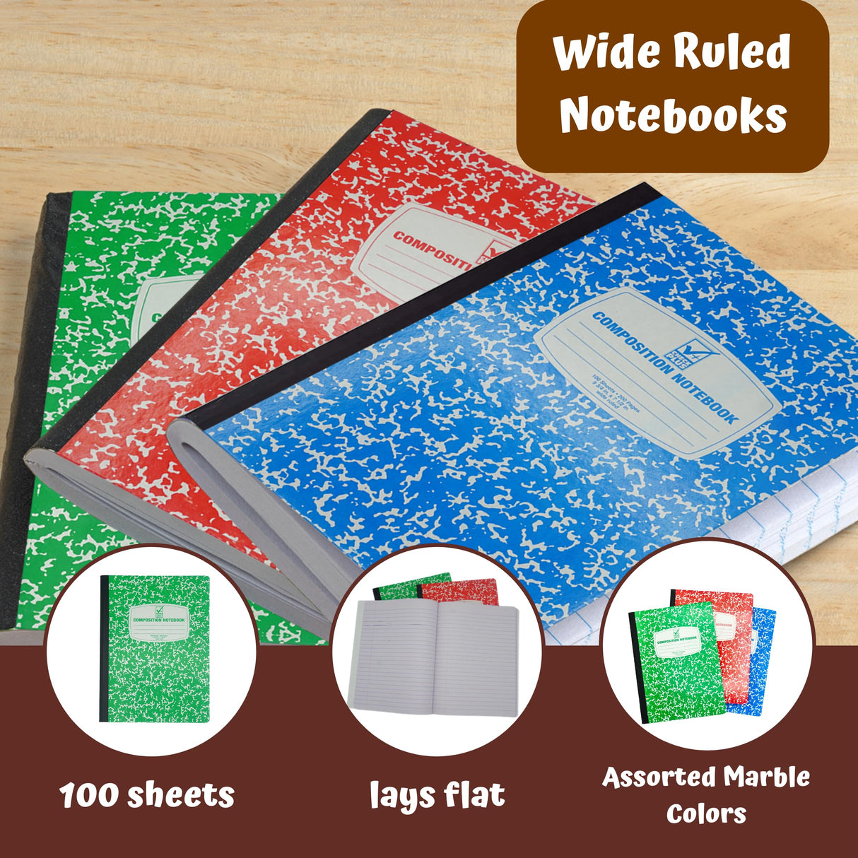 Wide Ruled Notebook: 6 pack, 1-subject Composition Notebook for Kids and Adults, Back-to-School Supplies and Office Supplies