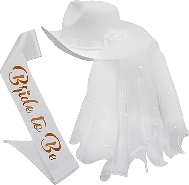 Bride Cowgirl Hat with Veil & Sash - Women White Cowboy Hat Bachelorette Party, Bridal Shower Dress Up by 4E's Novelty