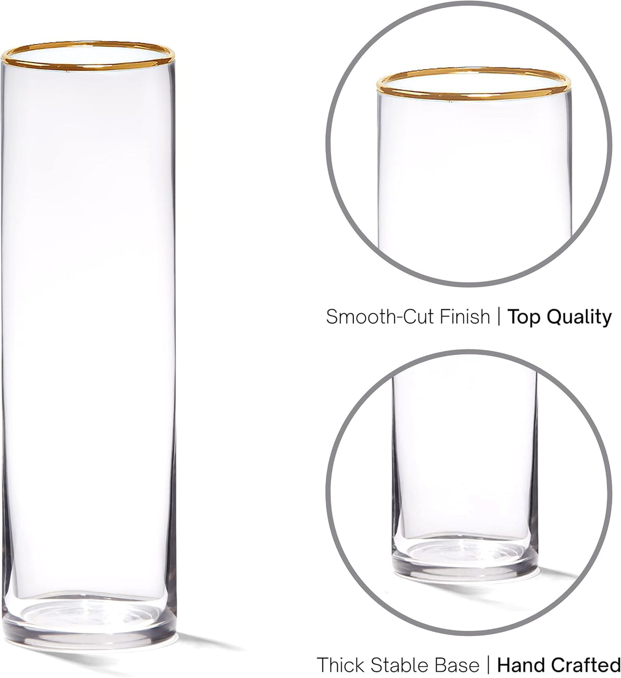 4E's Novelty Set of 3 Glass Cylinder Vases with Gold Rim – Elegant Centerpieces & Candle Holders