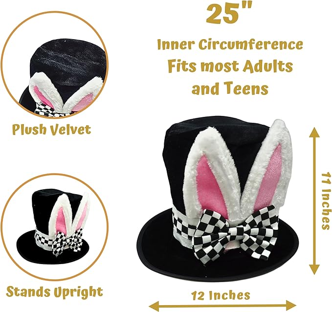 4 Pcs Costume Accessory Set for White Rabbit Costume - Hat, Gloves, Nose, & Clock