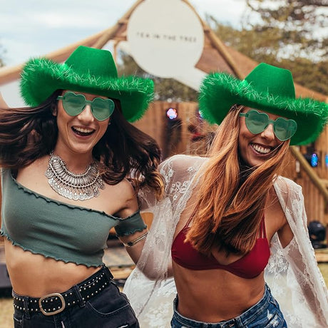 4E’s Novelty Green Cowboy Hat with Feathers & Heart-Shaped Sunglasses - Perfect Cowboy Outfit Accessory, Cowboy Hat for Party Costume Dress Up