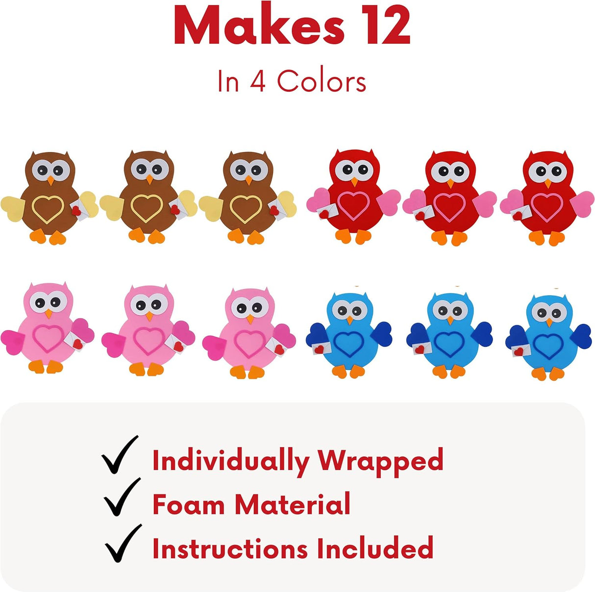 4E's Novelty 12-Pack Owl Magnet Valentine Crafts – Fun DIY Foam Crafts for Kids’ Classroom