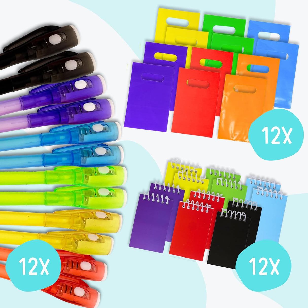 12 Invisible Ink Pens with UV Light, Mini Notebooks & Colored Bags