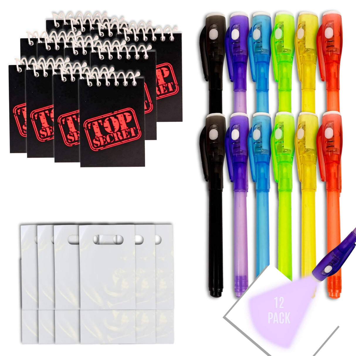 4E's Novelty 12 Invisible Ink Pen with UV Light, 12 Mini Top Secret Notebook and 12 White Goodie Bags - Fun Bulk Party Favors for Kids