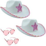 4E's Novelty 2 Packs Cowboy Hat with Heart Shaped Sunglasses - Felt White & Pink Cowgirl Hat with Sequins for Women Bachelorette Party Dress Up Accessory