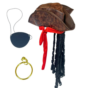 4E's Novelty 3 Pcs Set Pirate Hat with Dreadlocks Adult Size - Tricorn Pirate Hat - Caribbean Pirate Costume Accessories for Men Women & Kids Dress Up