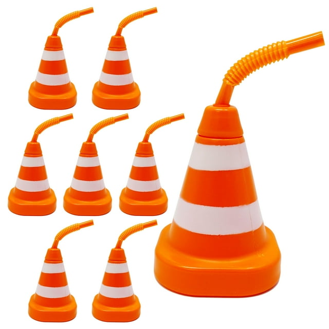 4E's Novelty Construction Cone Party Favor Cups 8 Pack 10oz Plastic Cup with Straws Bulk Construction Race Car Traffic Birthday Party Supplies