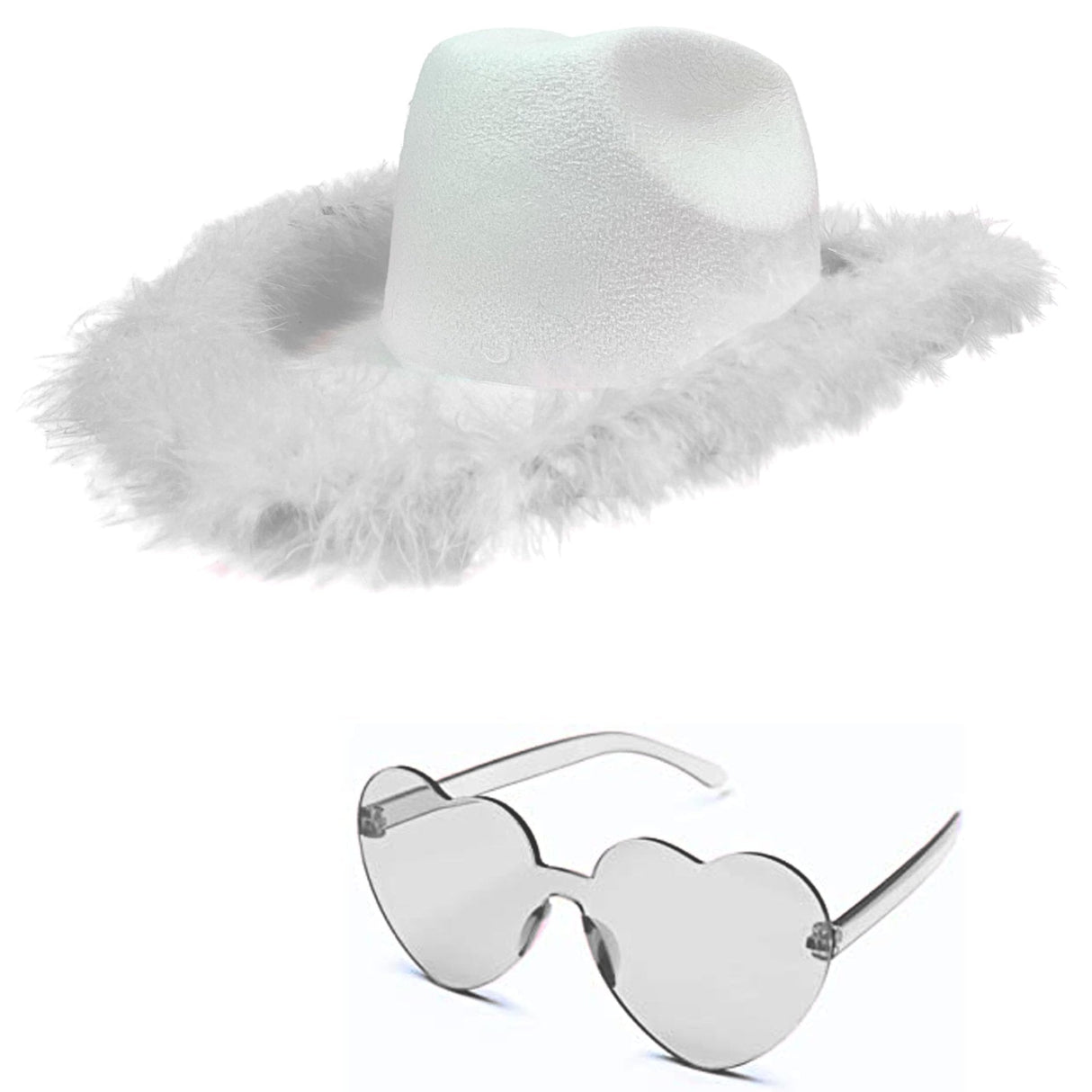  4E's Novelty Cowboy Hat with Feathers with Heart Shaped Sunglasses for Women, Felt Cowgirl Hat for Party Costume Dress Up (White)