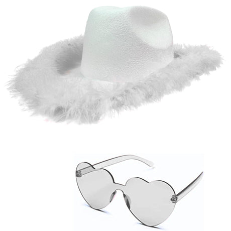  4E's Novelty Cowboy Hat with Feathers with Heart Shaped Sunglasses for Women, Felt Cowgirl Hat for Party Costume Dress Up (White)