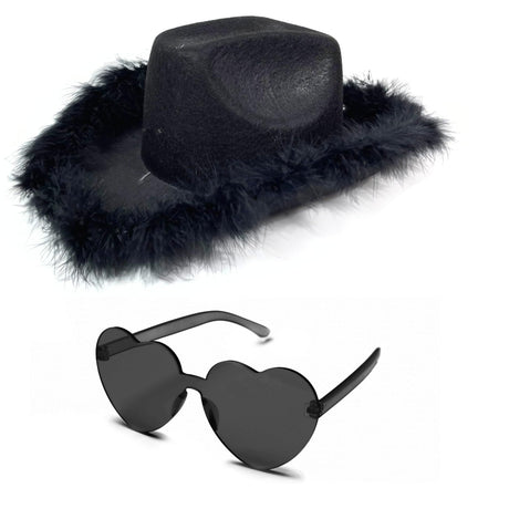 4E's Novelty Cowboy Hat with feathers With Heart Shaped Sunglasses for Women, Cowgirl Hat for Women Party Dress Up (Black)