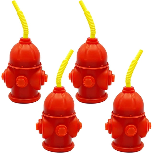 4E's Novelty Fire Hydrant Straw Cups With Lids (4 Pack) 12oz - for Firefighter Birthday Party Favors, Fire truck & Fireman Party Decorations, Rescue Marshall Party