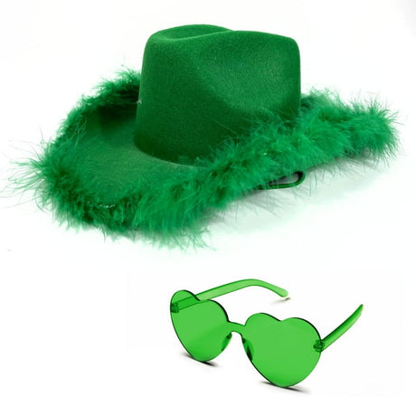 4E's Novelty Green Cowboy Hat with Feather and Heart Shaped Sunglasses, Cowgirl Hat for Women, Western Party Dress Up Fashion Accessories for Adults