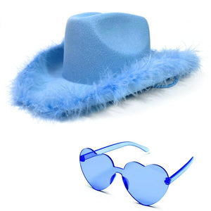 4E's Novelty Light Blue Cowboy Hat with Feather & Heart Shaped Sunglasses, Cowgirl Hat for Women