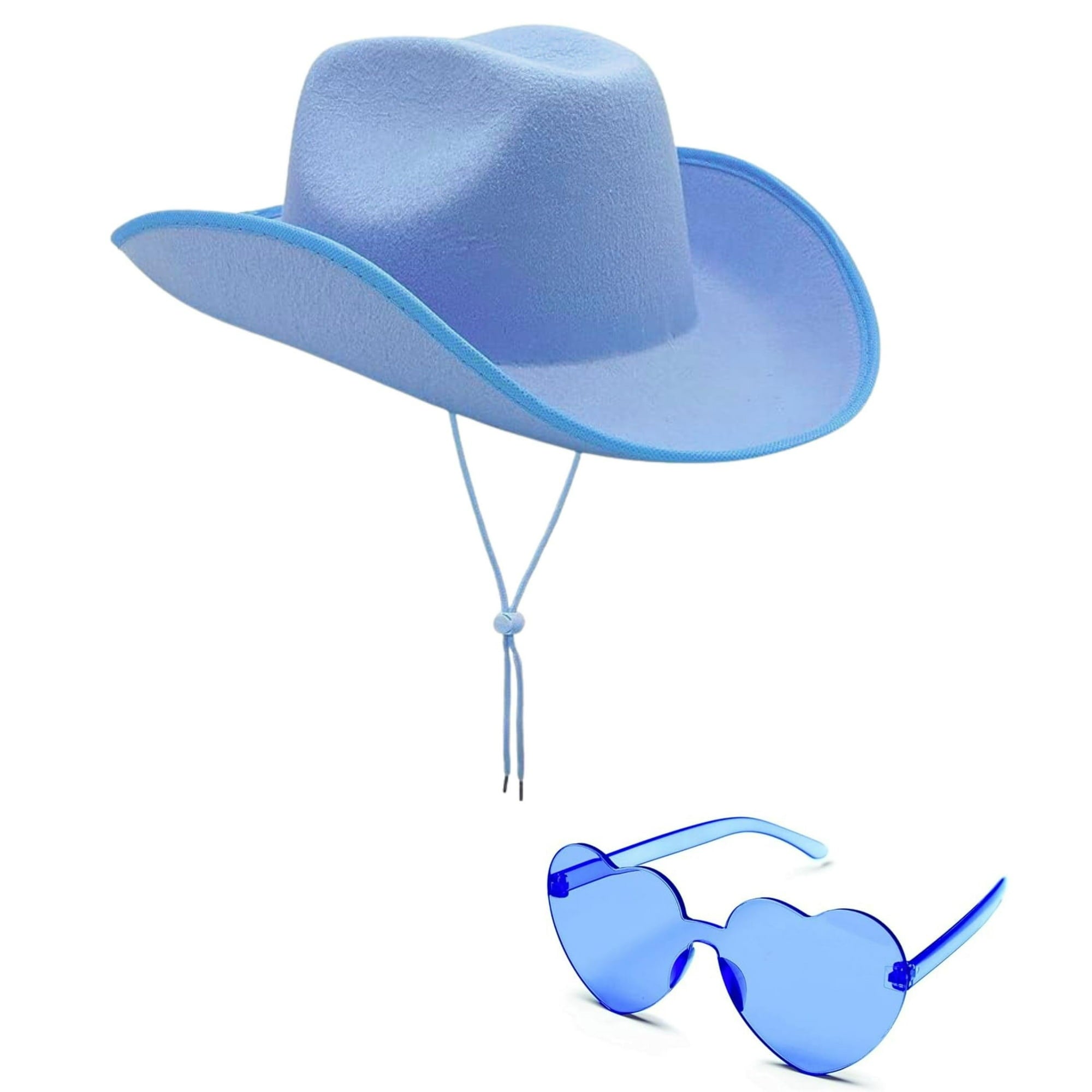 4E s Novelty Light Blue Cowboy Hat with Heart Shaped Glasses for Adults Women Men Felt Cowgirl Hat Western Party Dress Up Accessories