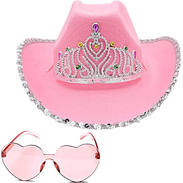 4E's Novelty Preppy Pink Cowgirl Hat with Heart Shaped Sunglasses - Pink Cowboy Hat with Tiara Crown for Adult Cowgirl Costume Accessories for Women Western Party