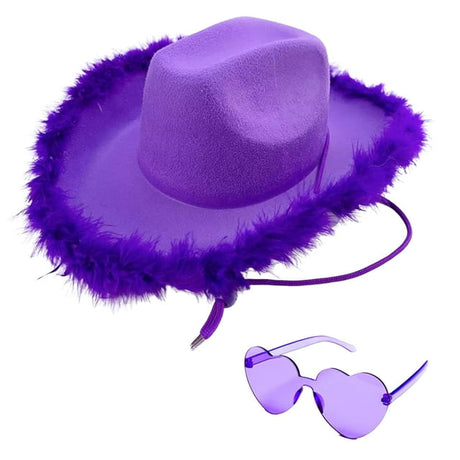 4E's Novelty Purple Cowboy Hat with feathers With Heart Shaped Sunglasses, Adult Size Womens Cowgirl Hat for Party Dress Up, Mardi Gras Outfit Accessories