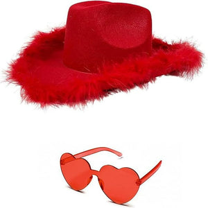 4E's Novelty Red Cowboy Hat with feathers With Heart Shaped Sunglasses for Women, Cowgirl Hat for Women Party Dress Up (Red)