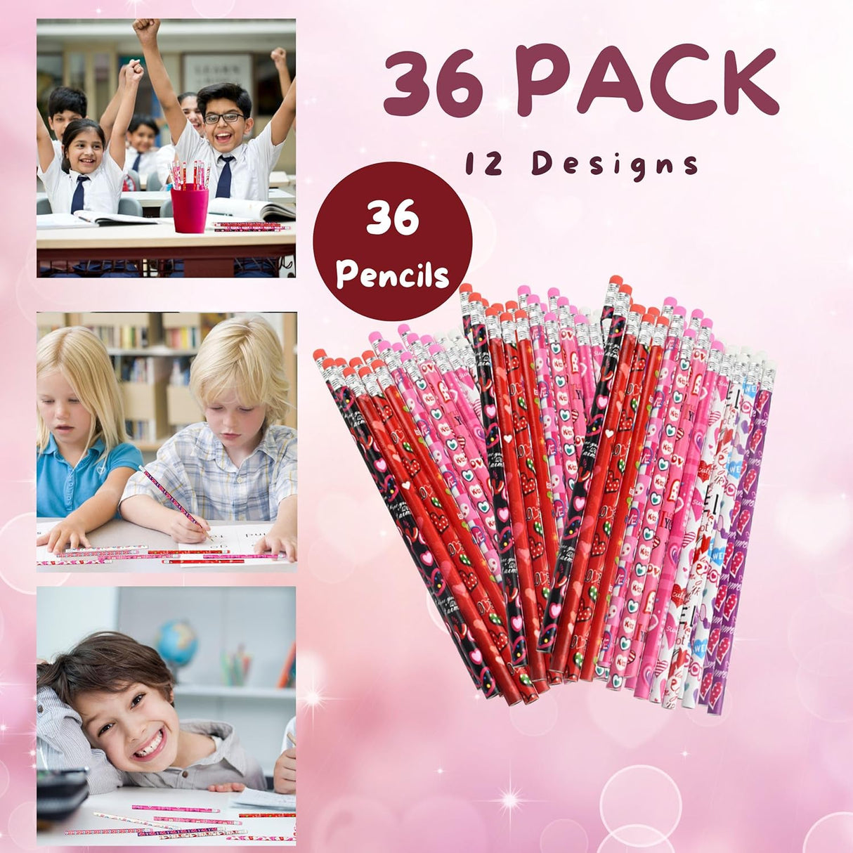 4E's Novelty 36-Pack Valentine Pencils with Erasers – Heart-Themed Classroom Party Favors