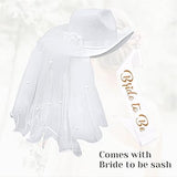 Bride Cowgirl Hat with Veil & Sash - Women White Cowboy Hat Bachelorette Party, Bridal Shower Dress Up by 4E's Novelty