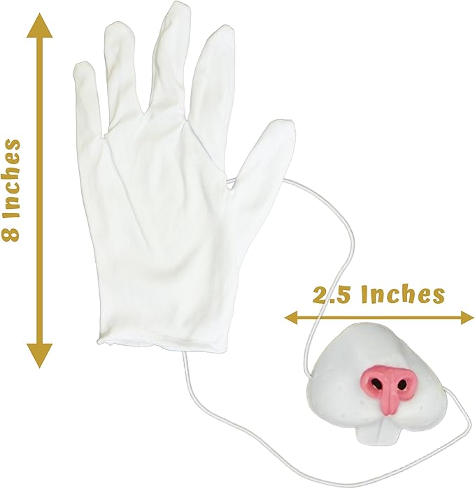 4 Pcs Costume Accessory Set for White Rabbit Costume - Hat, Gloves, Nose, & Clock