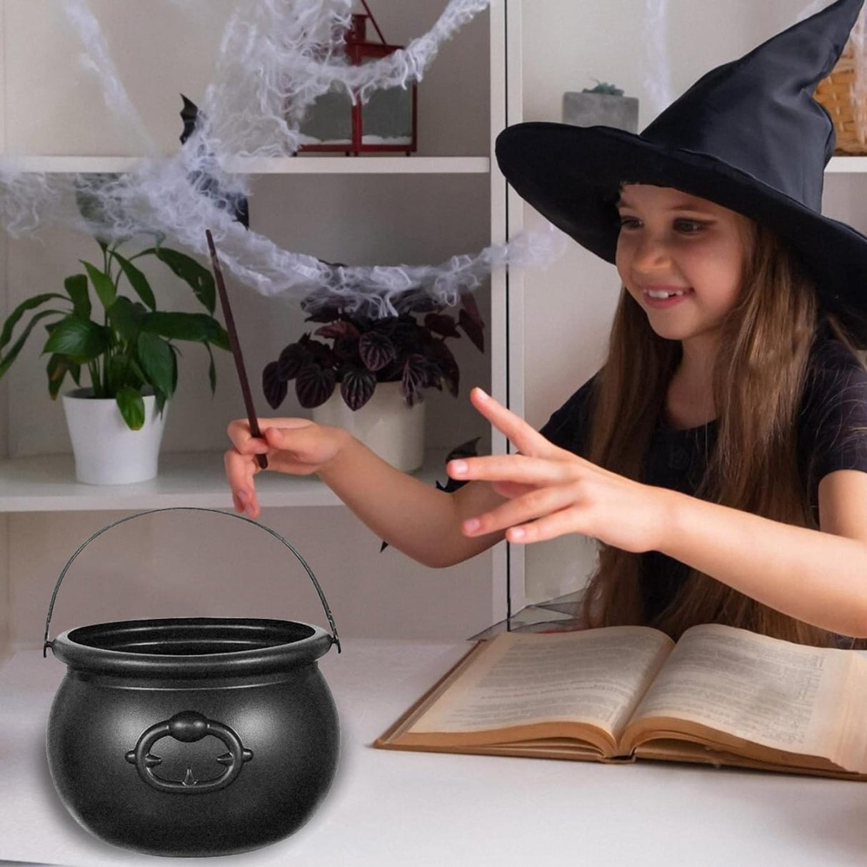 4E's Novelty 7.5" Halloween Plastic Cauldron, Durable Black Cauldron For Party Supplies, Large Halloween Candy Bowl, Perfect Halloween Decor