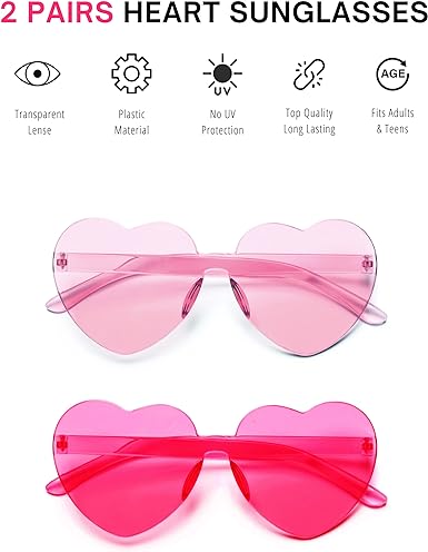 4E's Novelty Heart Sunglasses 2-Pack – Hot Pink Glasses for Parties, Festivals & Valentine Costumes