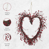 4E's Novelty 15” Heart Grapevine Wreath – Rustic Valentine Door Wreath with Red Berries