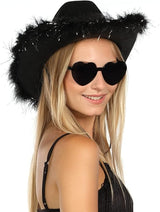 4E's Novelty Cowboy Hat with feathers With Heart Shaped Sunglasses for Women, Cowgirl Hat for Women Party Dress Up (Black)