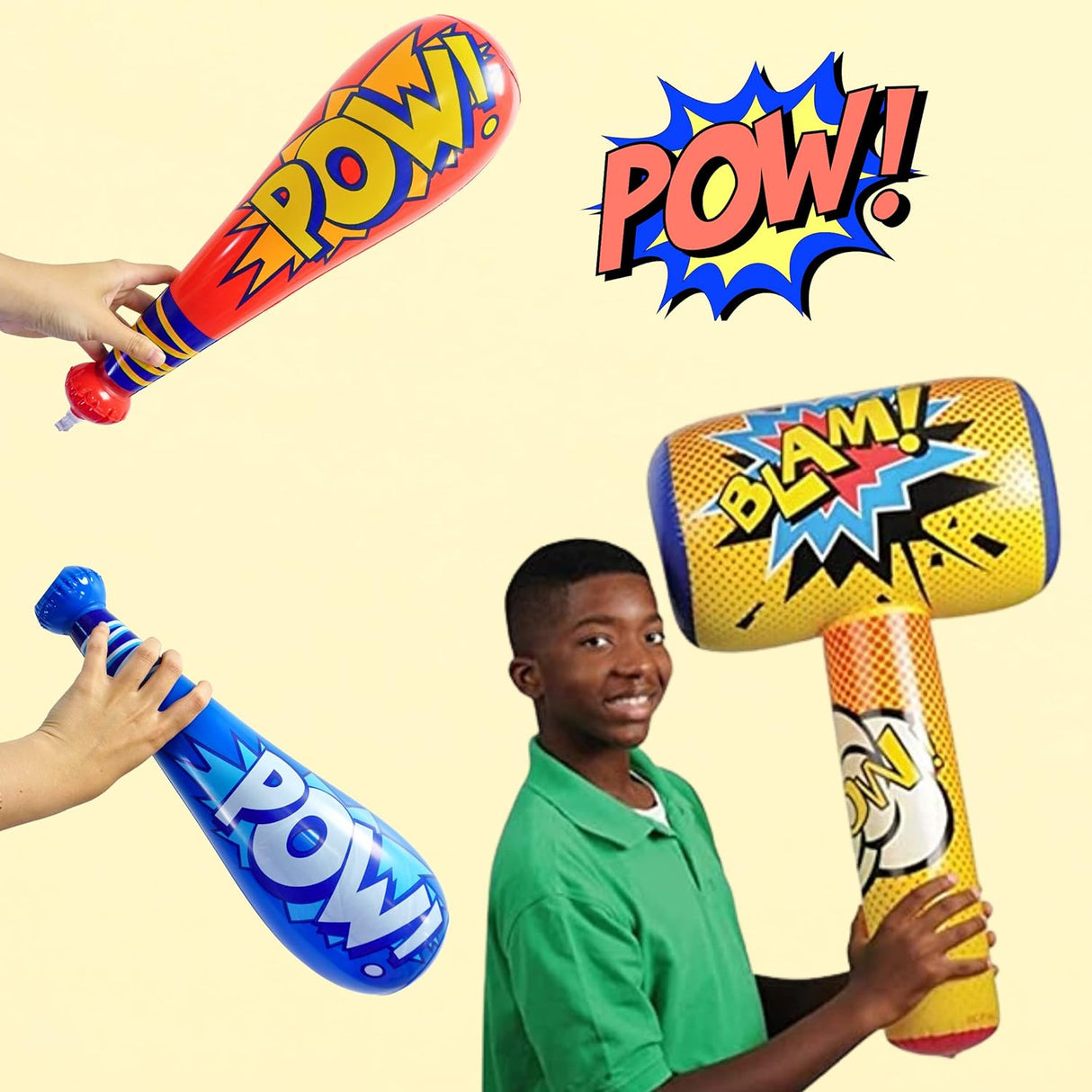 25 Pc Set Pow Inflatable Baseball Bats (12) With Superhero Punch Balloons (12) & Huge 30" Bopper Inflate (1) Superhero Birthday Party Favors for Kids, Party Supplies by 4E's Novelty