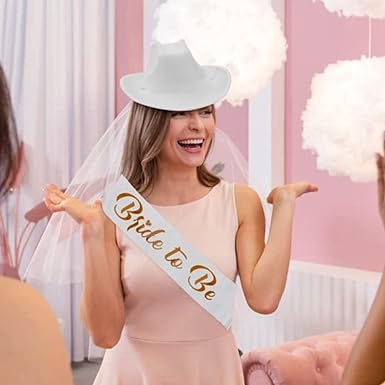 4E's Novelty Bride Cowgirl Hat with Veil & Bachelorette Sash - White Cowboy Hat for Bachelorette Party
