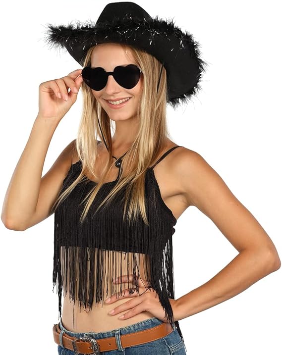 4E's Novelty Cowboy Hat with feathers With Heart Shaped Sunglasses for Women, Cowgirl Hat for Women Party Dress Up (Black)